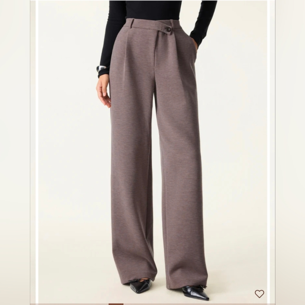 OGL Cozy Warm High Rise Slanted Fly Front Wide Leg Pants Regular French Brown/S
